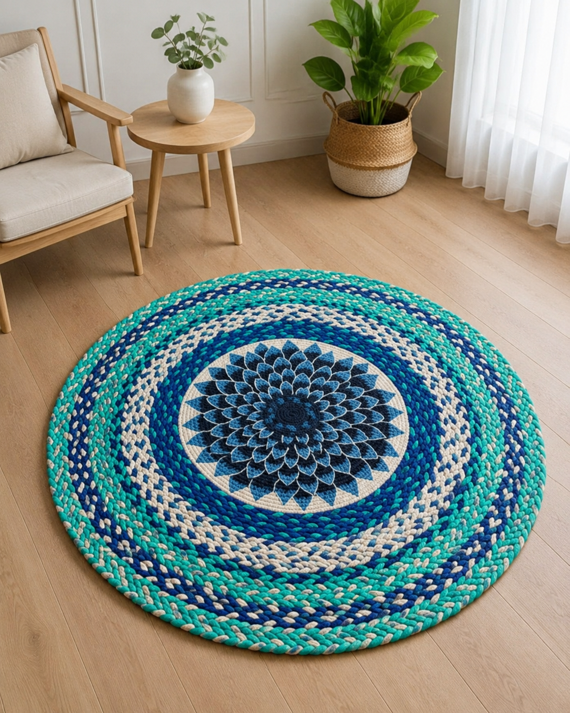 Premium Handmade Round Braided Jute Rug – Blue Mandala Floral Design (100% Eco-Friendly)(3 feet)